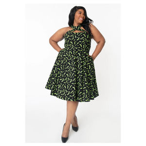 Unique Vintage Rita Green Bats Dress Black Neon Green Rockabilly Goth Pin Up
